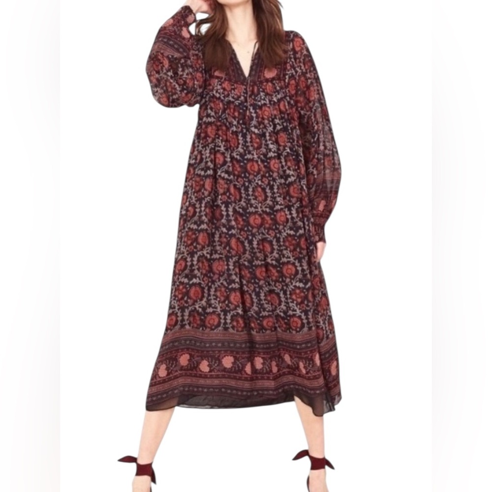 Ulla Johnson Talitha Silk Floral Block Print Balloon Sleeve Tie Midi Dress